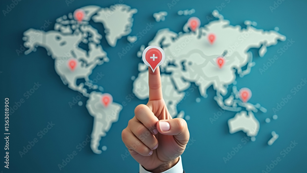 Businessman Using Finger Pin to Mark Location Points and Search Addresses on World Map App for Travel Destinations and Business Places with GPS Coordinates Businessman Using Finger Pin to Mark Location Points and Search Addresses on World Map App for Travel Destinations and Business Places with GPS Coordinates