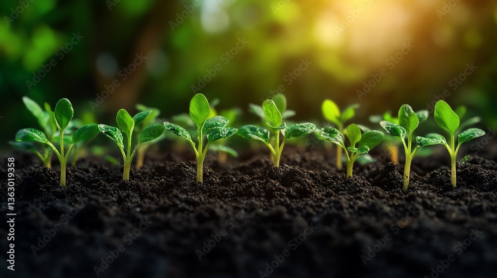 Young seedlings emerge from rich soil, bathed in sunlight Young seedlings emerge from rich soil, bathed in sunlight