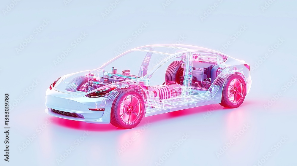 Fototapeta premium EV Modular Design Display, a comprehensive top-down visualization of a disassembled electric vehicle highlighting the battery system, aerodynamic components, and advanced technology modules.