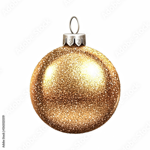 Realistic glittery gold Christmas ornament ball with sparkling textured surface isolated on transparent background. photo