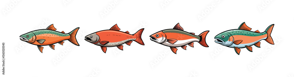 Set of Stunning Wild Salmon Colorful Underwater Scene Set of Stunning Wild Salmon Colorful Underwater Scene