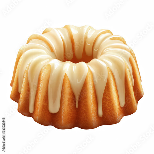 Realistic golden vanilla Bundt cake with fluffy texture and smooth icing glaze isolated on transparent background.