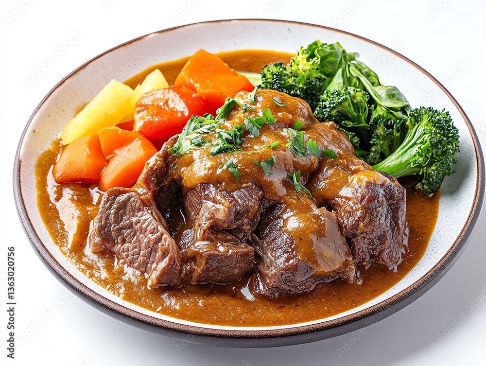 Hearty Beef Stew with Vegetables Served on Plate, Delicious Meal Hearty Beef Stew with Vegetables Served on Plate, Delicious Meal