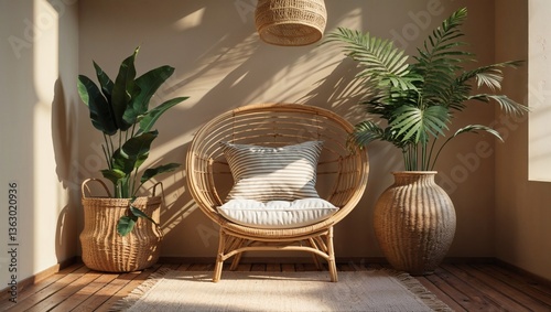 Minimalist boho interior with round rattan chair, striped cushion, tropical plants, and soft natural sunlight
