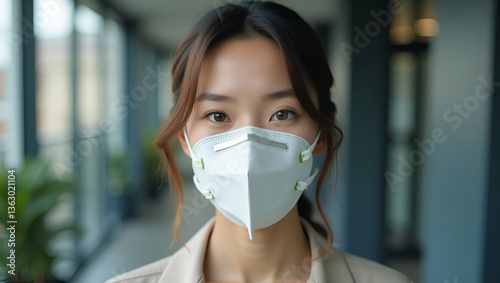 Flat Asian woman wearing N95 respiratory mask against PM2.5 pollution headache suffocation concept as Asian woman struggles to breathe while wearing protective mask highlighting urban air pollution an