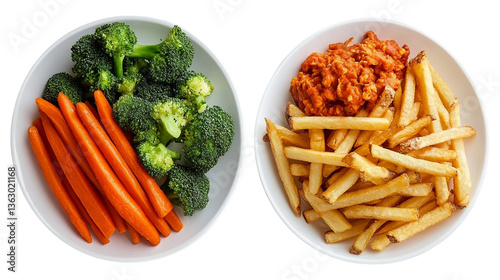 Healthy Vs Indulgent: Vibrant Vegetables and Crispy French Fries on Display