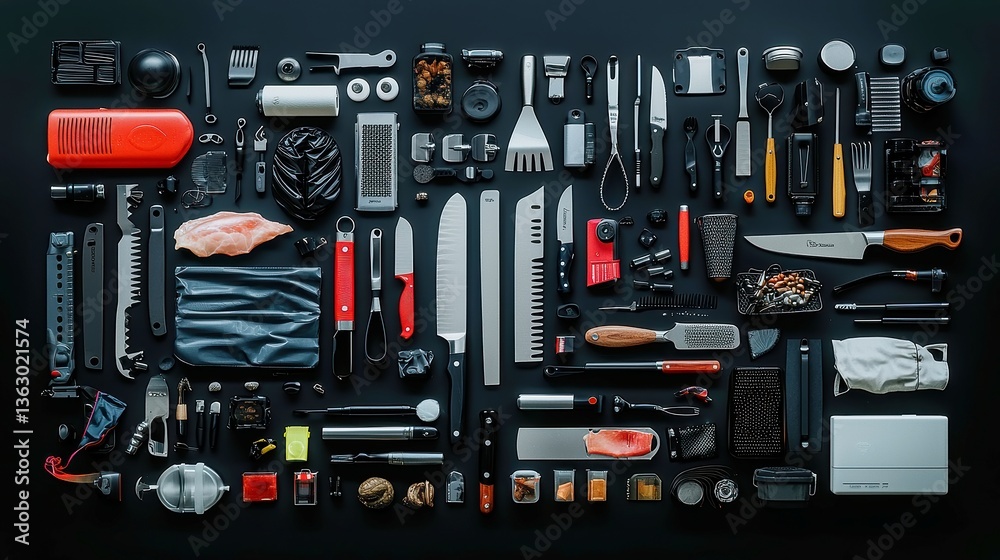 Fototapeta premium Modular Kitchen Tools Arrangement, a minimalist display of essential kitchen utensils like knives and graters on a neutral surface, emphasizing industrial design aesthetics.