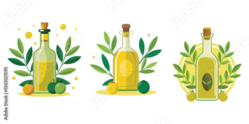 Olive oil bottles surrounded by olive branches and olives, a small glass bottle of olive oil with leaves and fruits