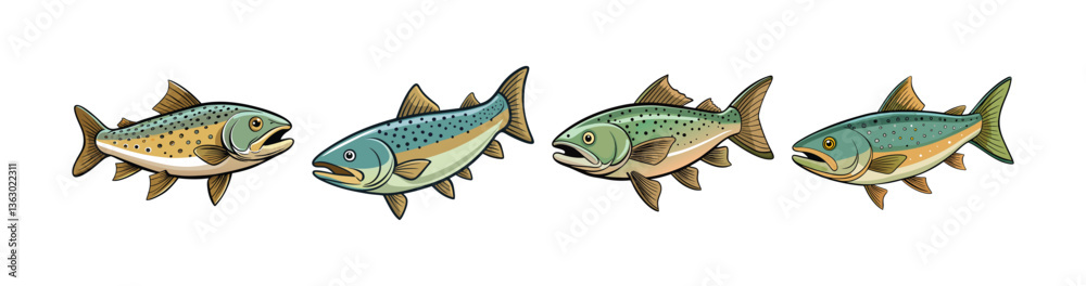 Naklejka premium Set of Realistic Winterfury Trout Fish Color Art