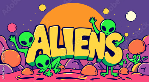 Aliens. Bright vintage vector banner with lettering