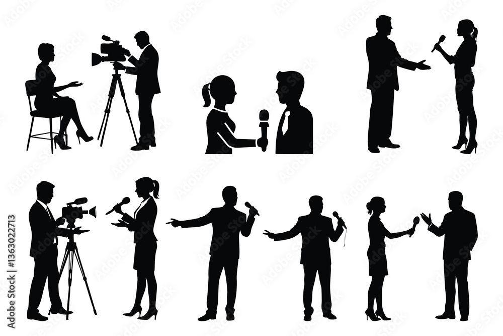 Obraz premium Television News Interview Reporting Broadcasting Journalism, News interview scene vector Illustration Silhouette, press reporter concept vector