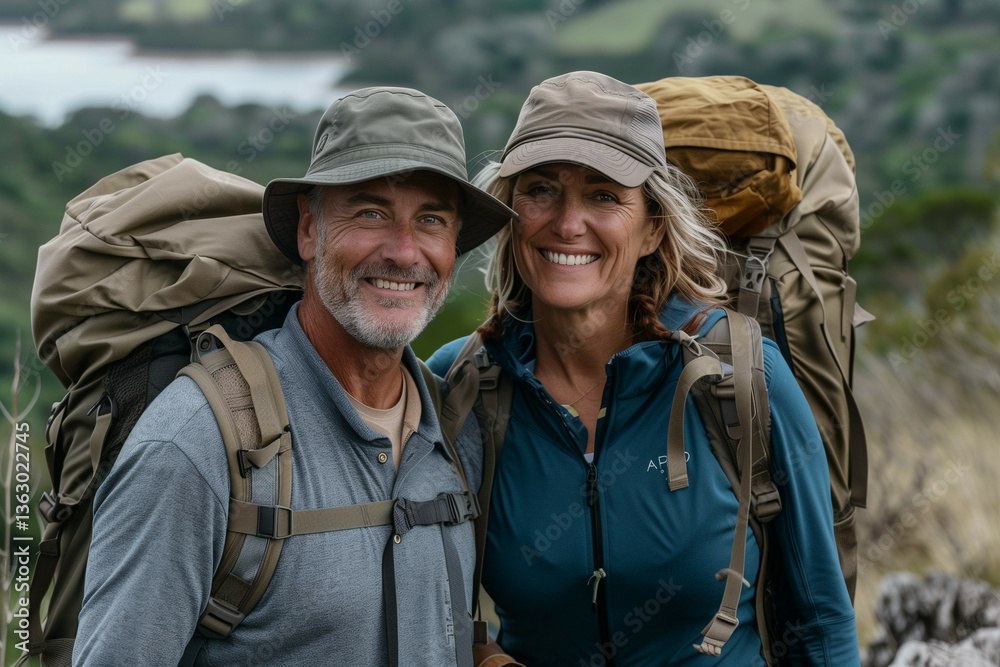 Enthusiastic middle-aged couple smiling with backpacks, enjoying outdoor hiking adventure in a scenic landscape Enthusiastic middle-aged couple smiling with backpacks, enjoying outdoor hiking adventure in a scenic landscape