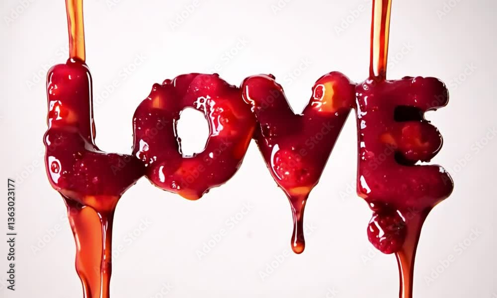 The inscription love with strawberry jam, viscous drops of jam form the inscription on a white background