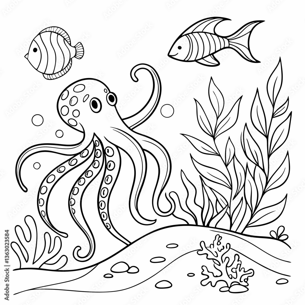Obraz premium Save to Library Download Preview Preview Crop Find Similar File #: 122251238 Stylized composition of octopus (poulpe), tropical fish, underwater seaweed and corals. Freehand sketch for adult a