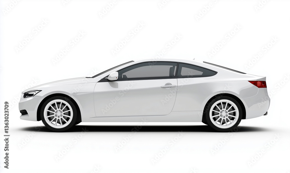 White coupe car side view, sleek design, modern aesthetics, sporty appearance, clean lines, stylish wheels, minimalistic background White coupe car side view, sleek design, modern aesthetics, sporty appearance, clean lines, stylish wheels, minimalistic background