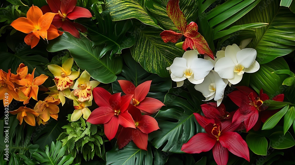 Vibrant Orchid and Tropical Leaf Display: A Lush Floral Arrangement AI Generated Vibrant Orchid and Tropical Leaf Display: A Lush Floral Arrangement AI Generated