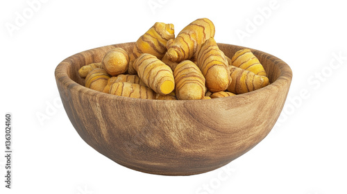 Organic Turmeric Roots in Wooden Bowl