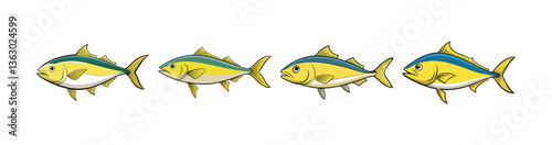 Set of Beautiful Yellowtail Amberjack Fish Realistic Art
