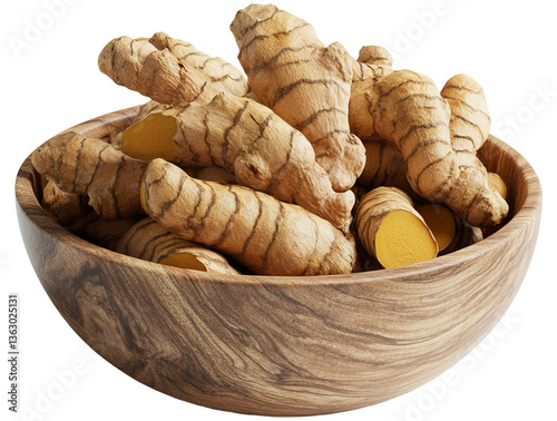 Fresh Ginger Root in Wooden Bowl, Natural Culinary and Medicinal Ingredient