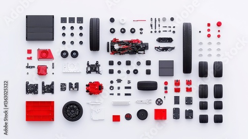 Vehicle Disassembly Showcase, an intricate flat lay of disassembled vehicle components, showcasing tires, axles, engine parts, and frames in a balanced red-black-white arrangement on a sleek surface.
