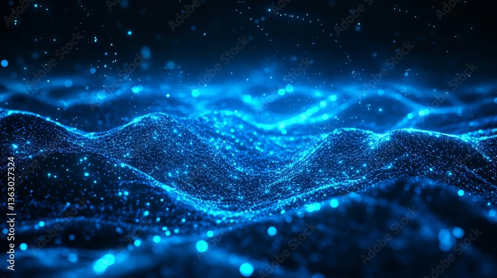 Abstract blue digital wave, particle background, glowing, dark