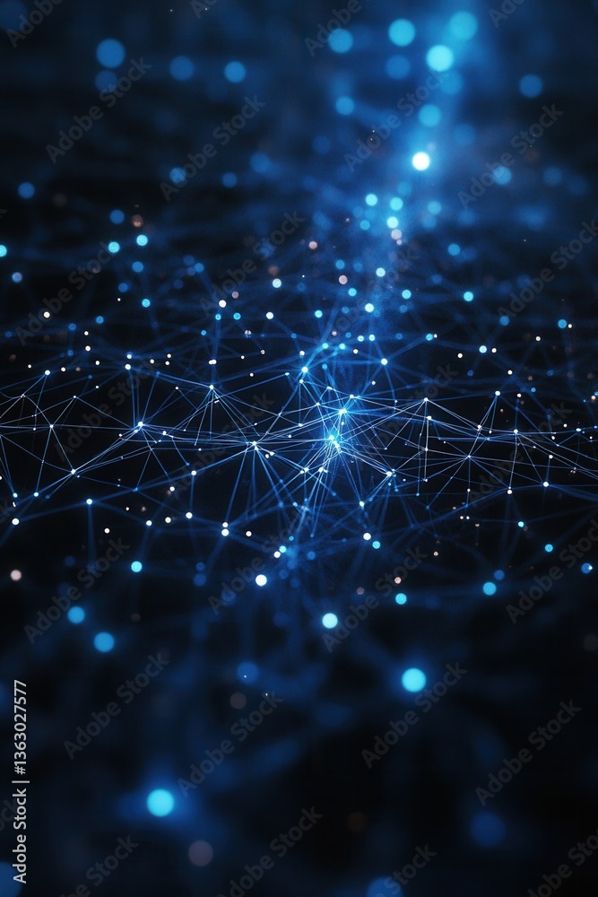 Abstract blue network background with glowing dots and lines representing data connection and technology innovation for digital world Abstract blue network background with glowing dots and lines representing data connection and technology innovation for digital world