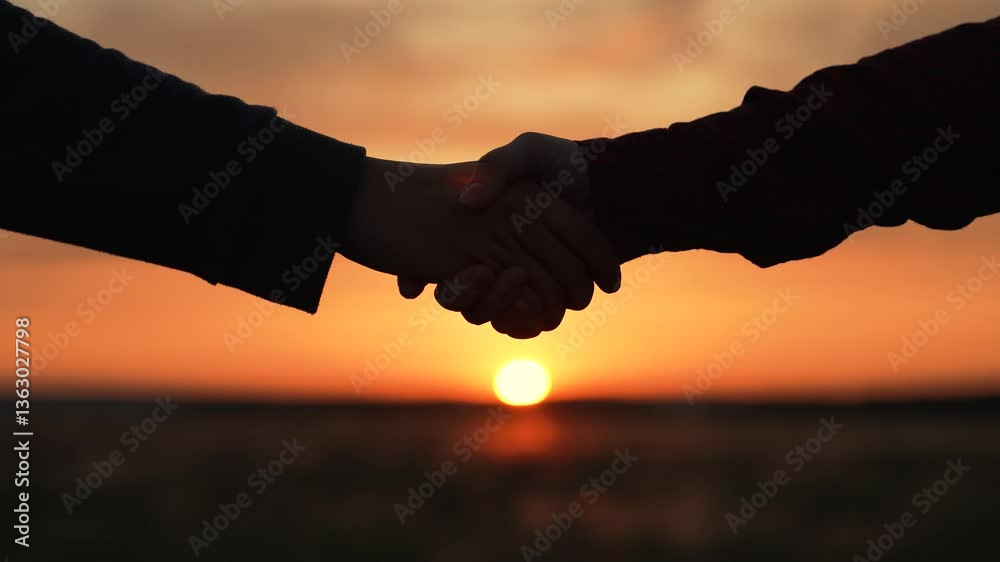 Handshake at sunset silhouette in park field. Powerful handshake people building long-term business relationships establishing trust fostering successful partnerships relations agricultural industry.