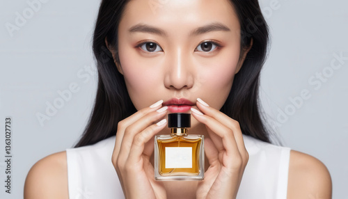 Minimalistic portrait of an asiatic yong woman holding bottle with luxury perfume. Soft grey background. Mock up
