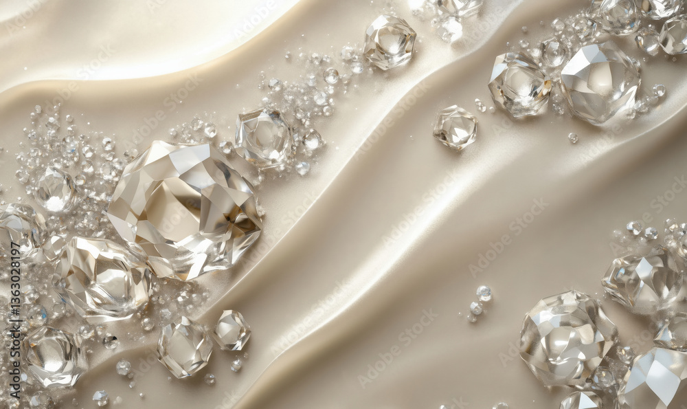 Diamonds and crystals on satin fabric, luxurious arrangement, sparkling gems, elegant design, soft beige background, reflections and textures Diamonds and crystals on satin fabric, luxurious arrangement, sparkling gems, elegant design, soft beige background, reflections and textures