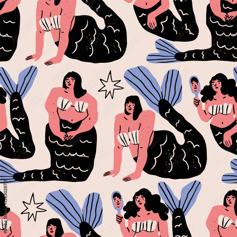 Naklejka premium Cute Mermaids set. Beautiful abstract underwater characters. Fairy marine creatures with fish scales and tails. Hand drawn Vector illustration. Unique modern style. Square seamless Pattern