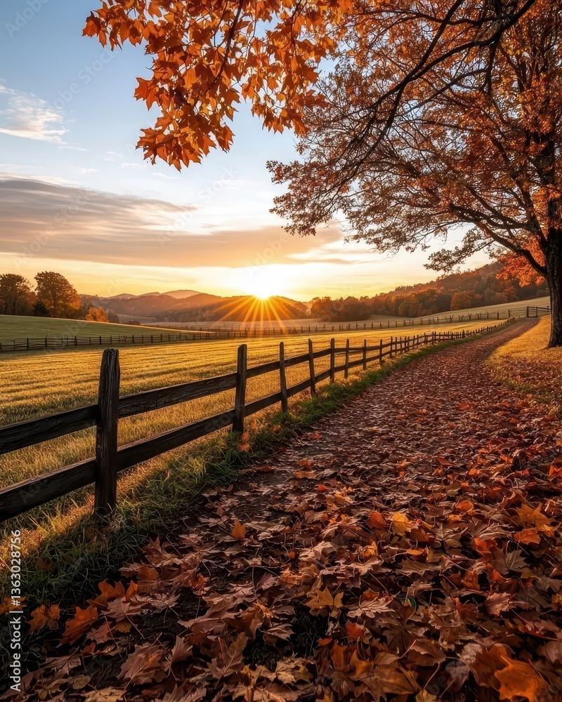 Obraz premium A serene autumn landscape featuring vibrant foliage, a wooden fence, and a stunning sunset casting warm light over a peaceful field.