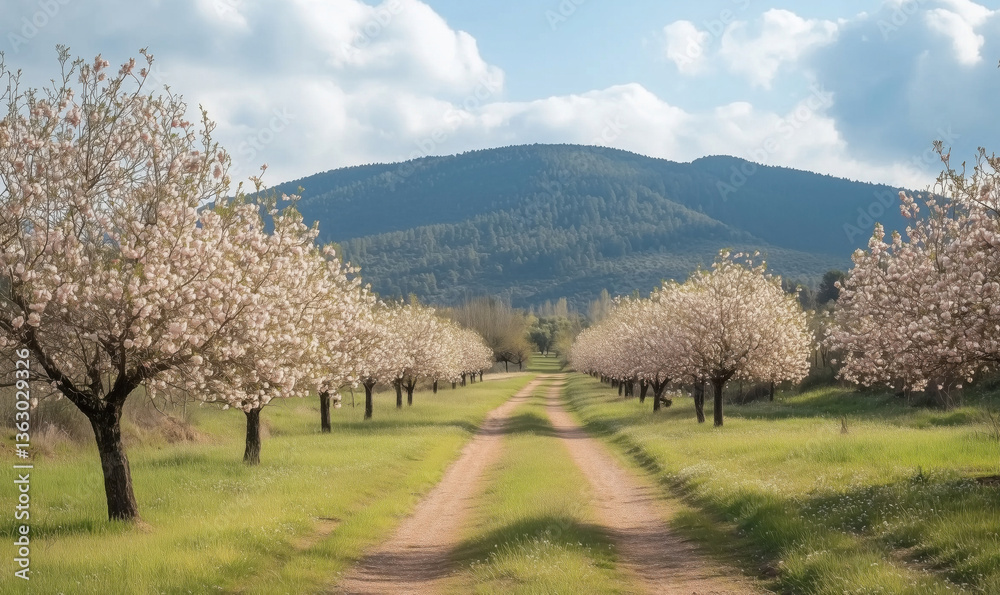 Blossoming cherry trees lining path, scenic landscape, mountains in background, blue sky, fluffy clouds