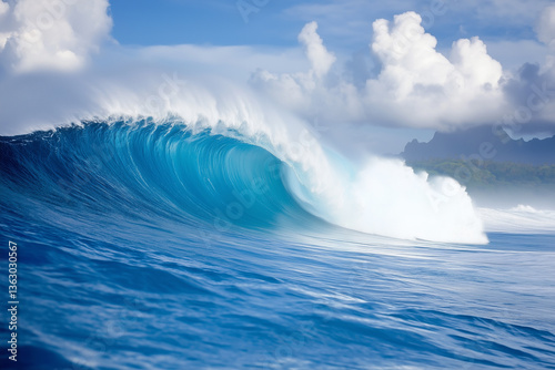 A powerful teahupoo wave, famous for surfing, looms with crystal blue waters and frothy white spray
