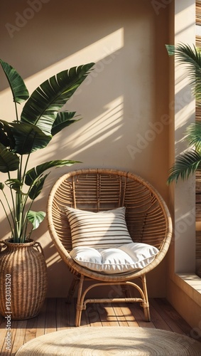 Cozy sunlit boho corner with rattan chair, striped pillow, tropical plant and woven decor elements
