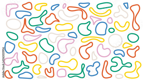 Abstract organic liquid blobs with colorful outlines, ideal for speech bubbles and creative backgrounds. High quality vector set with irregular shapes for modern decor.