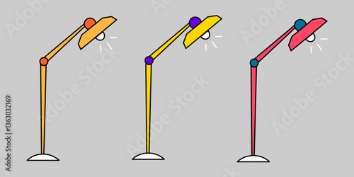 Set of floor lamp in flat outline style. Reading light in cartoon style. Vector clipart icon. Table desk lamp.