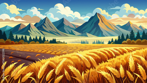 Scenic landscape of endless fields of ripe wheat against the backdrop of mountains