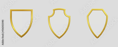 Set of realistic luxurious gold shields in various shapes, perfect for branding, logos, and decorative elements. High quality vector illustration suitable for modern design projects