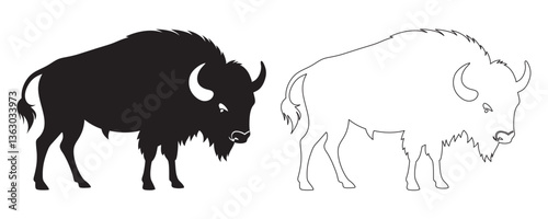 Bison buffalo vector silhouette, outline vector illustration on white background