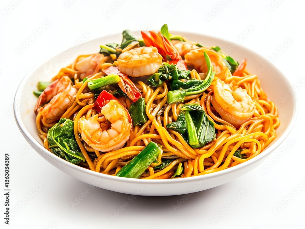 Shrimp Noodle Stir Fry with Vegetables in White Bowl Close-up Shrimp Noodle Stir Fry with Vegetables in White Bowl Close-up
