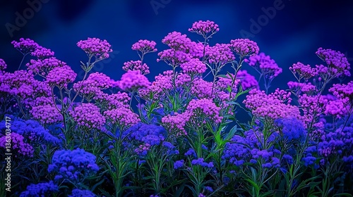 Twilight Blooms: Vibrant Purple and Blue Flowers in a Night Garden AI Generated