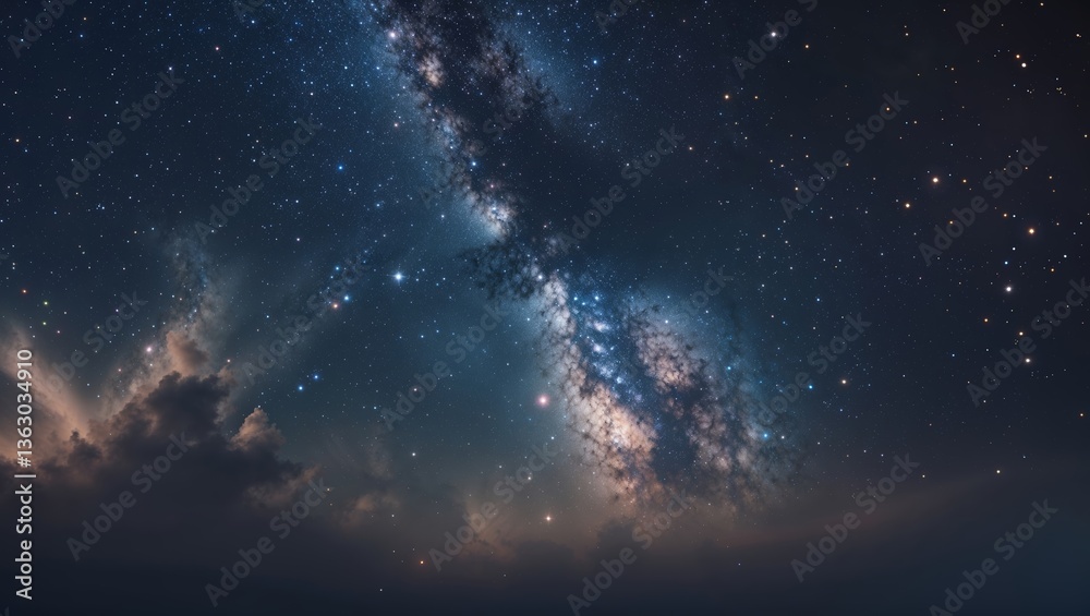 Fototapeta premium Night sky filled with stars and galaxies over a serene landscape in a clear evening