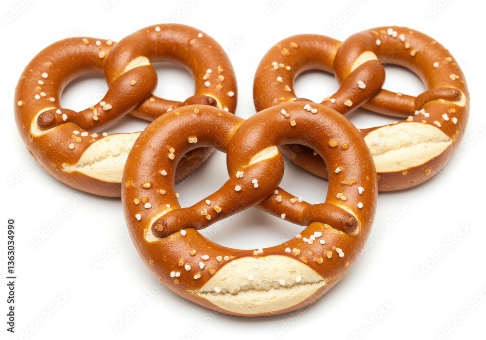 A close up of three pretzels arranged in a triangle on a white background for food photography A close up of three pretzels arranged in a triangle on a white background for food photography