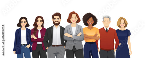 Multiethnic business team standing with female leader. Isolated vector illustration