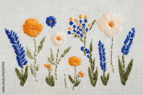 A delicate embroidery of colorful flowers on a textured fabric, isolated with a transparent background.
