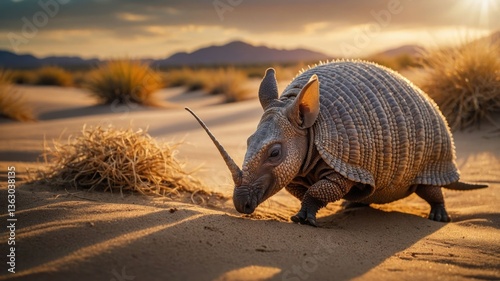 A close-up of an armadillo exploring a sandy landscape during sunset.