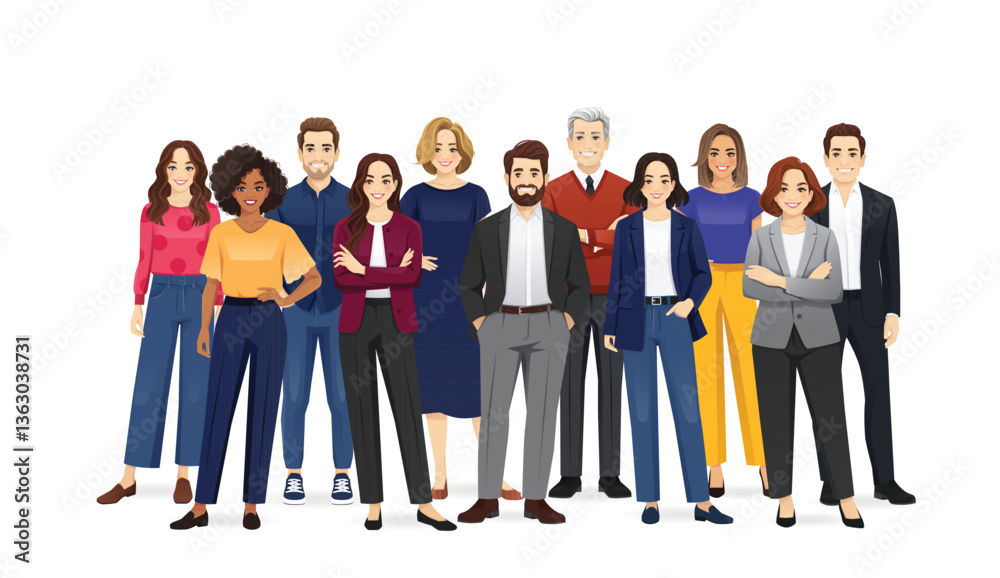 Fototapeta premium Group of happy diverse multiethnic business people standing together. Team of colleagues in different ages. Isolated vector illustration.