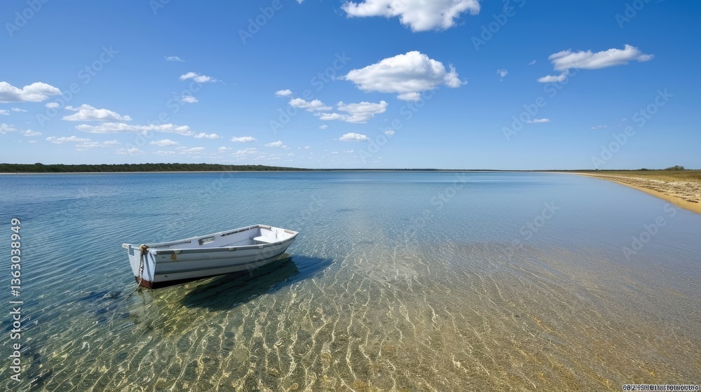 A small white boat floats peacefully on clear shallow water A small white boat floats peacefully on clear shallow water