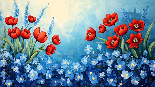 Vibrant Red Tulips and Blue Forget-Me-Nots: A Springtime Oil Painting AI Generated