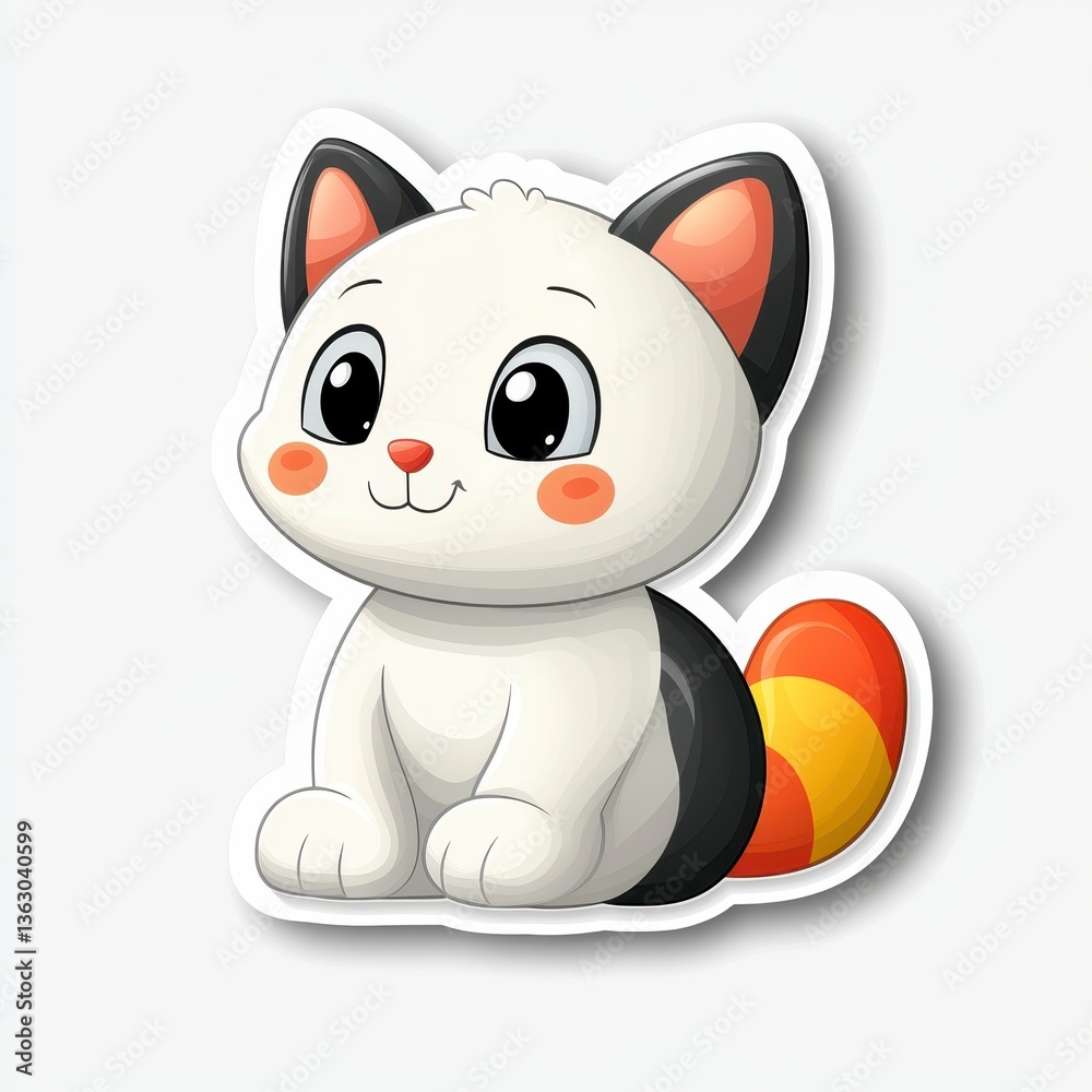 Naklejka premium Adorable Cartoon Kitten with White Fur and Colorful Tail
